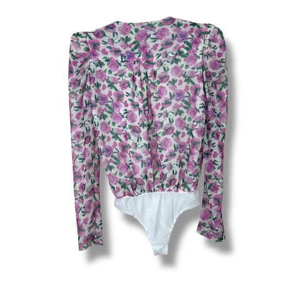 IORANE NWOT Revolve Mini Pink Floral Tulle Puff Shoulder Sheer Mesh Bodysuit XS - Picture 6 of 10